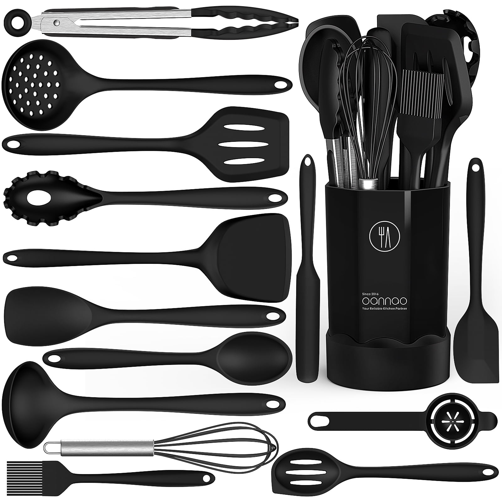 Black Silicone Cooking Utensils Set - 446°F Heat Resistant Kitchen Utensils,Turner Tongs,Spatula,Spoon,Brush,Whisk,Ki...